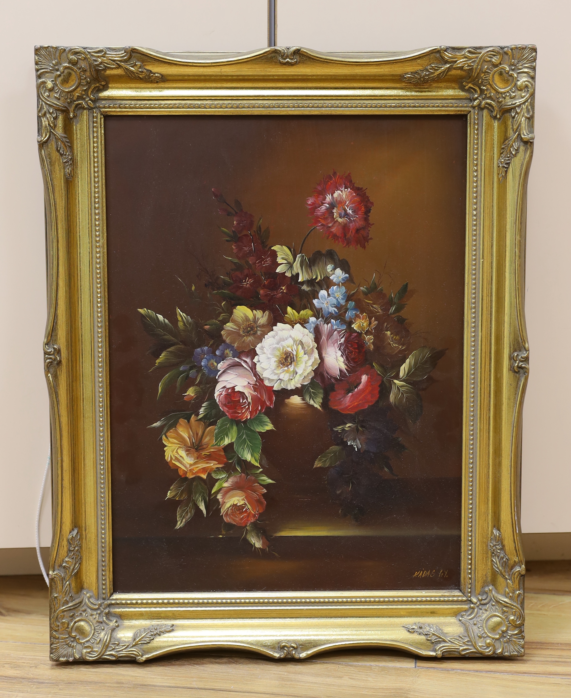 Kadas, oil on board, Still life of flowers in a vase, signed and dated '67, 39 x 29cm, gilt frame